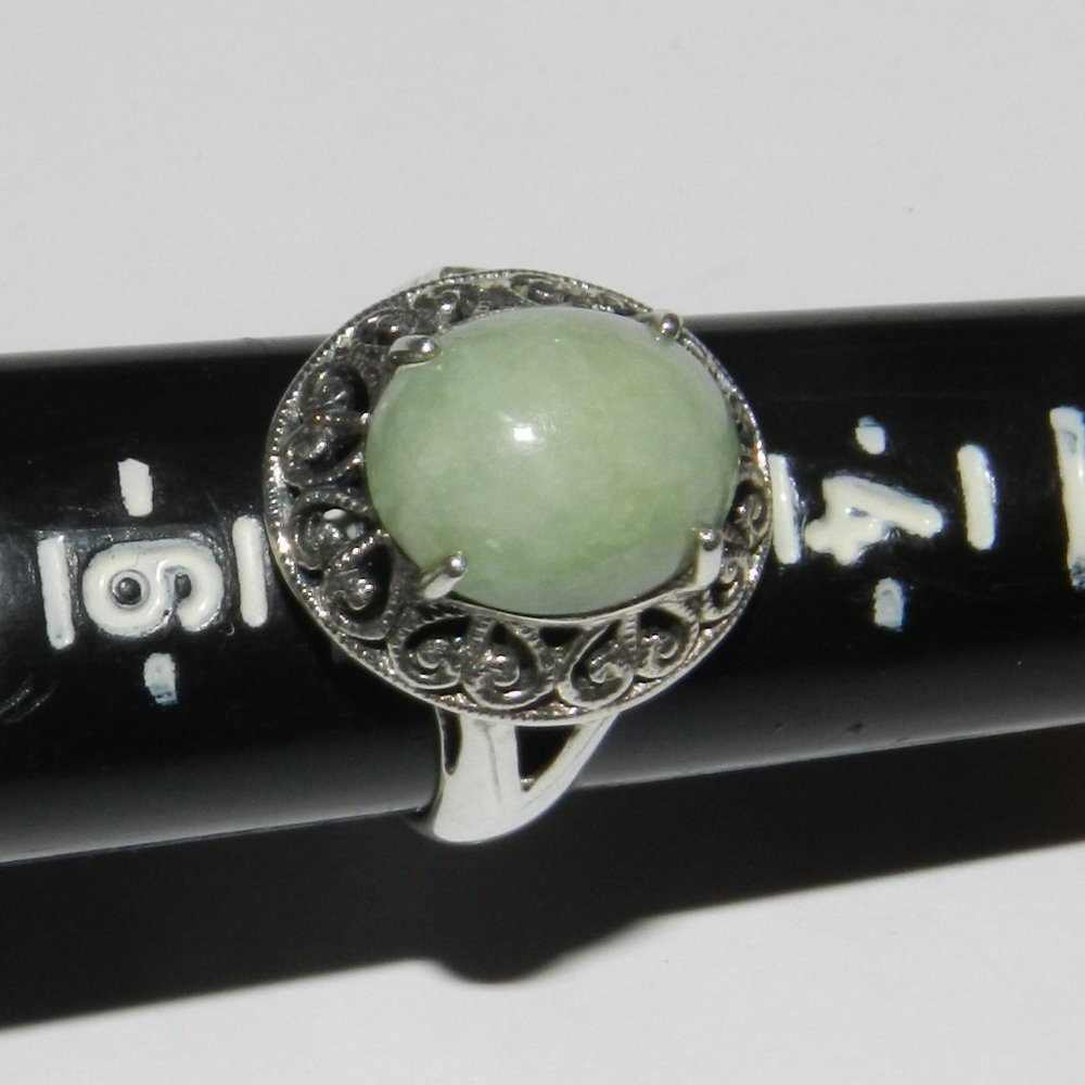 DESIGNER "CNA" STERLING SILVER FILIGREE OVAL JADE WOMENS RING SIZE 5 - Picture 7 of 9